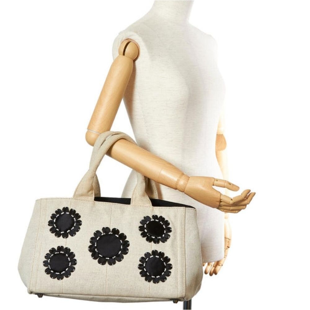 Prada Mistolino Canvas Linen Floral Appliqué Canapa Tote Bag Purse Neutral